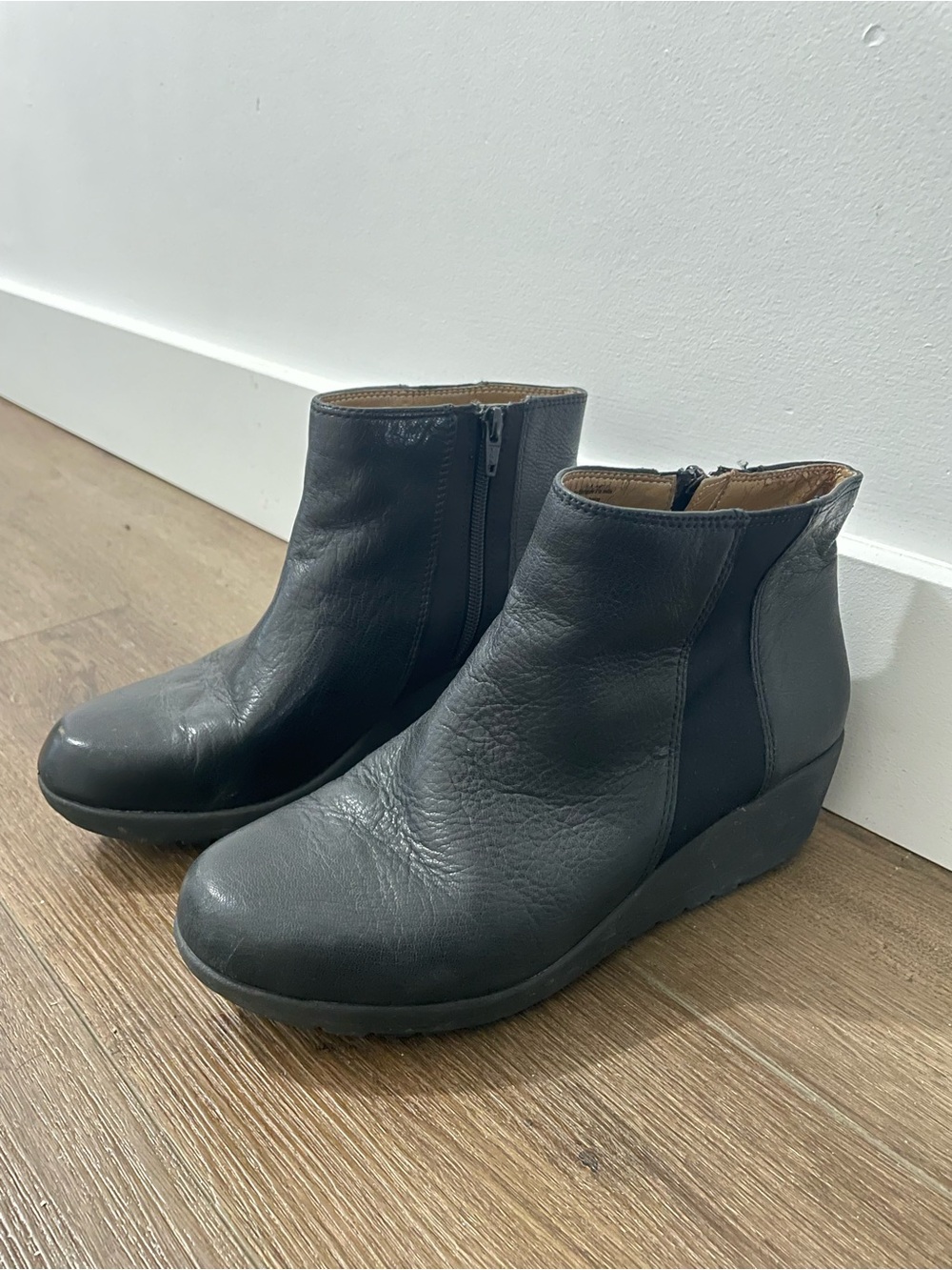 Women's Black Leather Wedge Ankle Booties